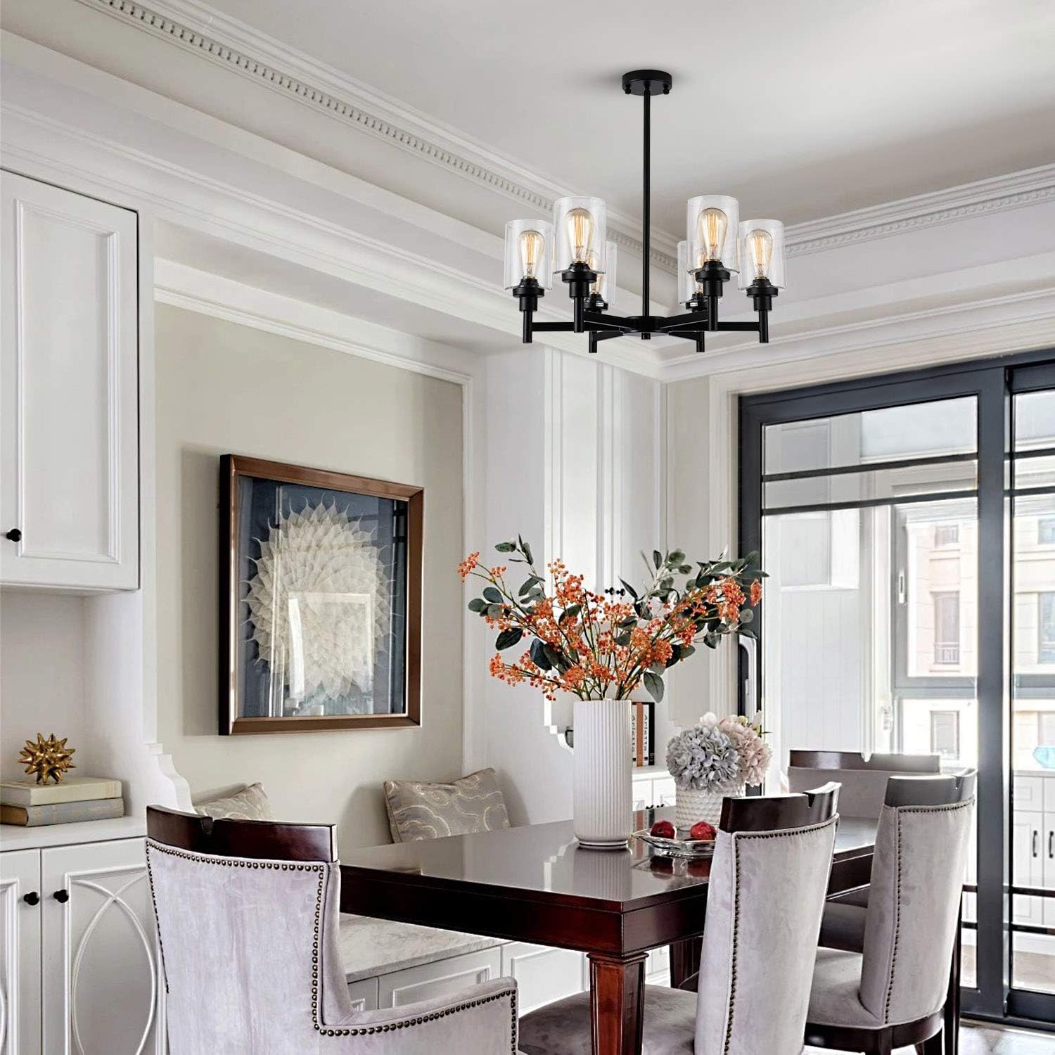 Black Chandelier, 6 Light Farmhouse Chandeliers for Dining Room Light Fixtures Over Table, Industrial Hanging Lighting with Clear Glass Shade for Living Room Kitchen Island Bathroom Entryway Bedroom (2 Missing clear glass)